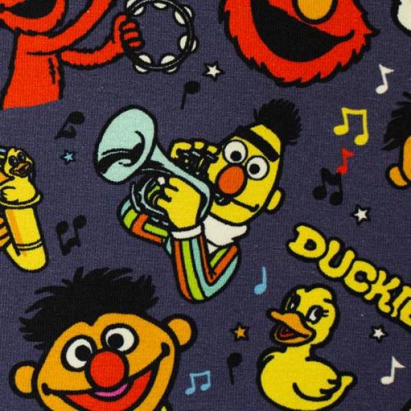 Jersey bedruckt Sesamstraße Ernie, Bert und Elmo auf Grau